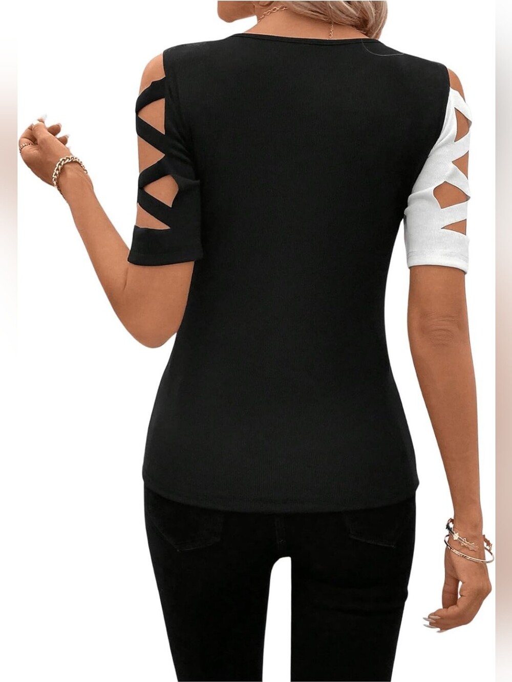 NWT Floerns Women's Black & White Cold-Shoulder Lattice Tee - Size M - Picture 2 of 6